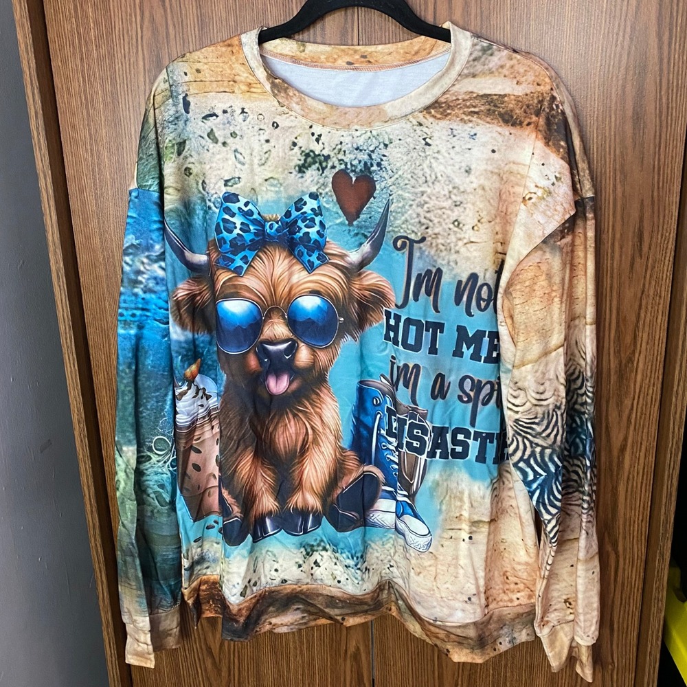 Long Sleeve Crewneck Womens 2XL Tan Spicy Disaster Highland Cow Graphic Pullover